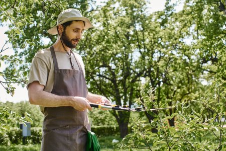 bearded gardener in sun hat trimming twigs of tree with big gardening scissors and working outdoors