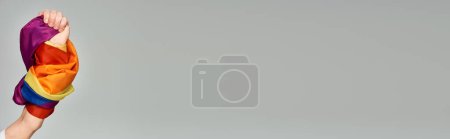 Photo for Cropped view of hand of non-binary person holding LGBT flag on grey backdrop, banner with copy space - Royalty Free Image