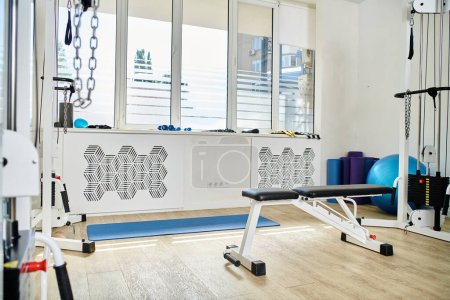 Photo for Various rehabilitation equipment in spacious gym of kinesiology center, modern advanced medicine - Royalty Free Image