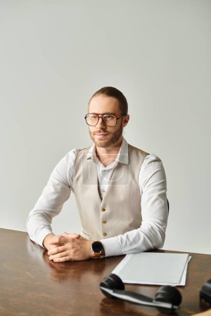 bärtiges, gut aussehendes männliches Model in Brille und lässiger Kleidung, das am Tisch sitzt und wegschaut