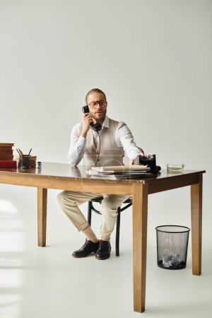 Foto de Atractivo hombre guapo con barba y gafas sentado en la mesa y hablando por teléfono vintage - Imagen libre de derechos