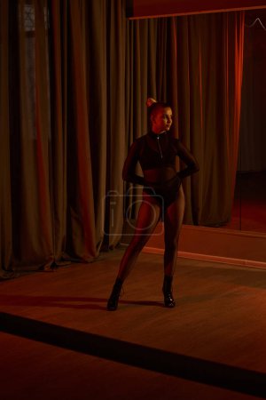 A seductive dancer in a sleek black leotard and fishnet tights gracefully moves behind curtain