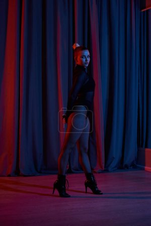 A confident woman strikes a dramatic pose in fishnet stockings, against backdrop of theater curtain mug #689818826