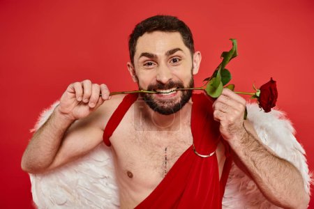 excited man in cupid costume grimacing and holding rose in teeth on red, st valentines day party