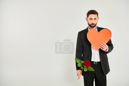 elegant bearded man with red rose and huge paper heart looking at camera on grey, st valentines day
