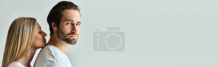 Photo for A man and woman stand side by side, exuding an aura of romance and connection, banner - Royalty Free Image