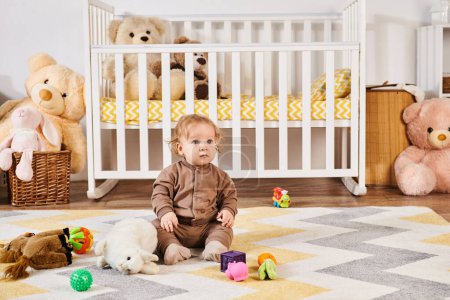 little boy sitting on floor near soft toys and crib in cozy nursery room, happy toddlerhood