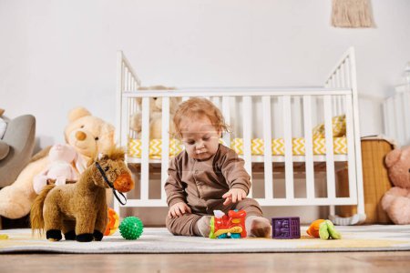 cute toddler kid sitting on floor and playing with toys in cozy nursery room, happy childhood