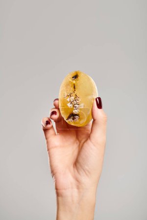 kawałek pomarańczowego naturalnego mydła z dekoracjami w dłoni młodej nieznanej kobiety na szarym tle