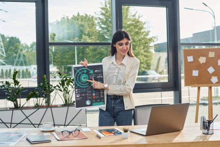 Eine Geschäftsfrau steht selbstbewusst in einem modernen Büro und hält ein Schild hoch, um ihre Botschaft im Rahmen eines Franchise-Konzepts zu vermitteln..
