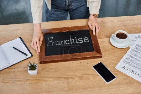 A businesswoman stands at a desk with a sign that says franchise in a modern office setting.