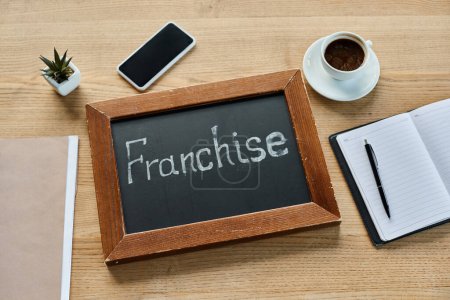 A blackboard with the word franchise written on it next to a cup of coffee in a modern office setting.