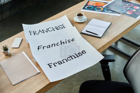 Foto de Una moderna mesa de oficina adornada con un cartel y una taza de café, que simboliza el comienzo de un nuevo día laboral. - Imagen libre de derechos
