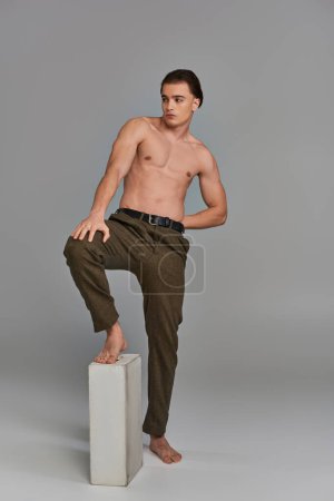 seductor hombre sin camisa en pantalones elegantes marrones posando atractivamente sobre fondo gris y mirando hacia otro lado