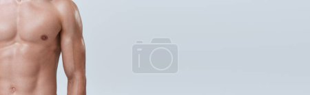 Photo for Cropped view of sporty man posing topless on gray backdrop and playing his muscles on camera, banner - Royalty Free Image