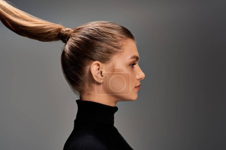 A young, beautiful woman is depicted with her long hair styled into a ponytail, exuding elegance and grace.