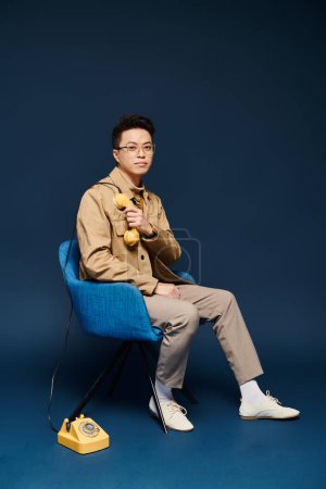 Ein modischer junger Mann in eleganter Kleidung sitzt auf einem blauen Stuhl neben einem gelben Telefon in einer skurrilen Pose.