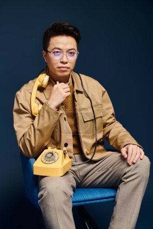 Téléchargez les photos : Un jeune homme à la mode en tenue élégante est assis sur une chaise tenant un téléphone. - en image libre de droit