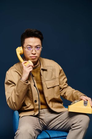 Ein stilvoller junger Mann in eleganter Kleidung sitzt auf einem blauen Stuhl und hält aufmerksam ein Telefon in der Hand..