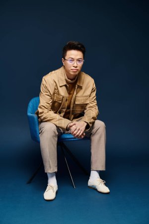 A fashionable young man in elegant attire posing on top of a blue chair.