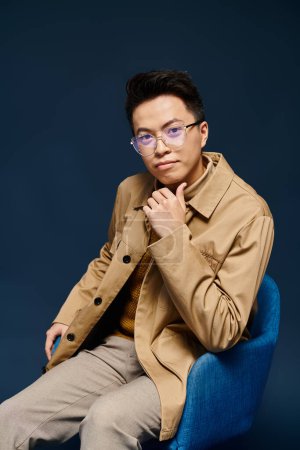 A fashionable young man in a trench coat is sitting elegantly on a blue chair, exuding mystery and charm.