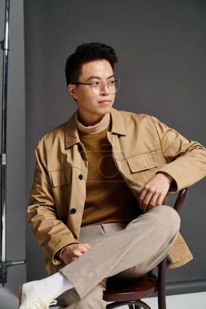Téléchargez les photos : Un jeune homme à la mode en tenue élégante s'assoit en toute confiance sur une chaise, portant des lunettes élégantes. - en image libre de droit
