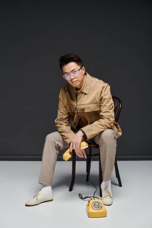 Téléchargez les photos : Un jeune homme à la mode en tenue élégante assis sur une chaise, absorbé dans son téléphone. - en image libre de droit