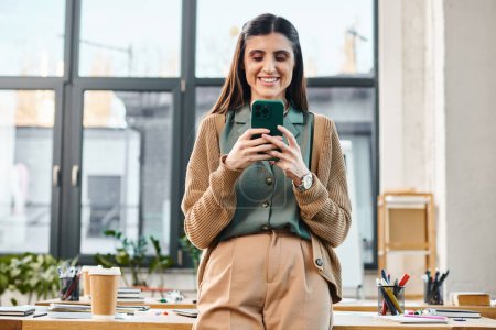 Téléchargez les photos : A professional woman stands in a contemporary office, engrossed in her cell phone. - en image libre de droit