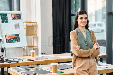 Una mujer se pone de pie con confianza frente a una mesa en un entorno de oficina corporativa, que encarna el liderazgo y la creatividad.