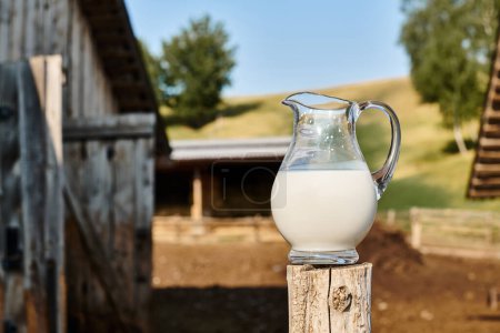 Foto de Foto del objeto de gran frasco de leche fresca deliciosa colocada fuera de la casa de pueblo cercana en la granja moderna - Imagen libre de derechos