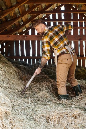 Foto de Alegre hombre guapo con tatuajes usando horquilla mientras trabaja con heno mientras está en la granja - Imagen libre de derechos