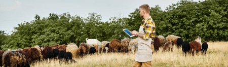 Foto de Granjero guapo con barba y tatuajes usando tableta para analizar ganado de ovejas y corderos, estandarte - Imagen libre de derechos