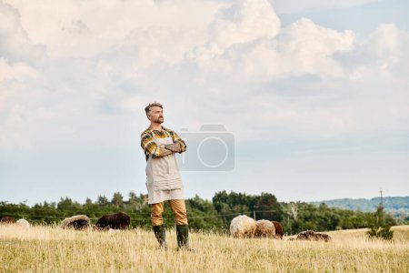 moderno granjero barbudo con tatuajes posando con los brazos cruzados y mirando hacia otro lado con el ganado en el fondo
