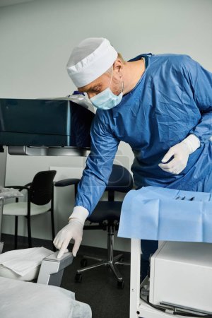 Ein Mann in Chirurgenkittel und Maske bereitet Werkzeuge vor.
