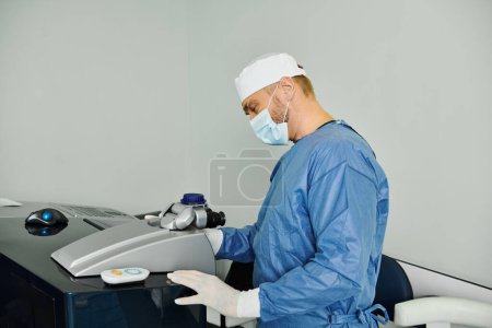 Foto de Un hombre con una máscara quirúrgica trabaja en el funcionamiento de una máquina. - Imagen libre de derechos