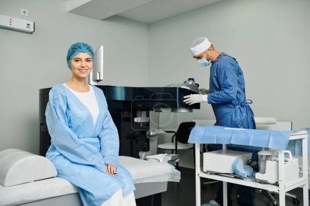 Téléchargez les photos : Un homme et une femme en blouse examinent un patient dans une chambre d'hôpital. - en image libre de droit