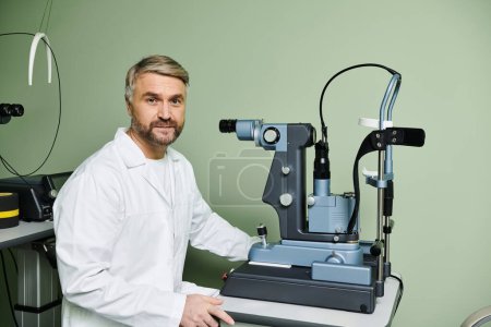 Handsome doctor examines someones vision.