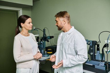 Hombre y mujer colaboran en un laboratorio, discutiendo investigación revolucionaria.