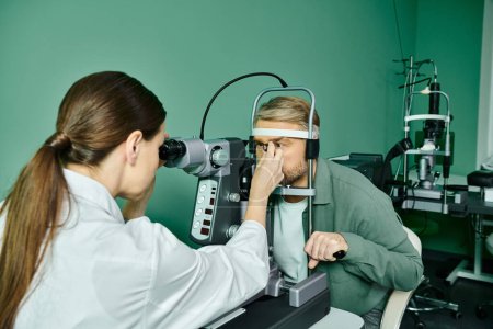 Woman examines mans eyes through a microscope in a doctors office for laser vision correction.