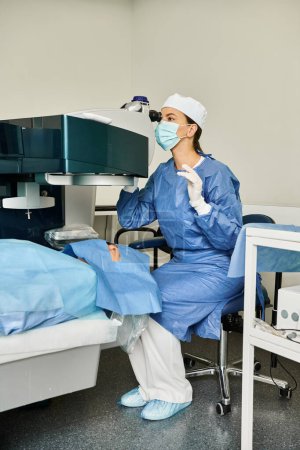 Foto de Médico con bata que trabaja en una cama de hospital. - Imagen libre de derechos