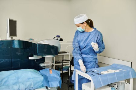 A woman in scrubs and gloves stands in a hospital room.