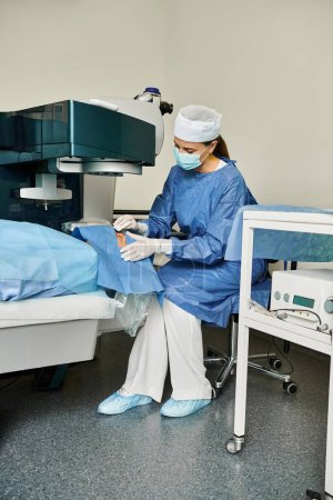 A woman in a hospital gown operates a machine for laser vision correction.