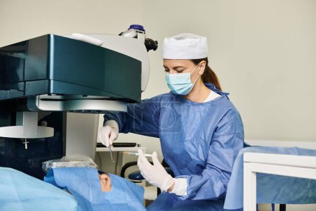 Una mujer con una bata quirúrgica opera una máquina para la corrección de la visión láser.