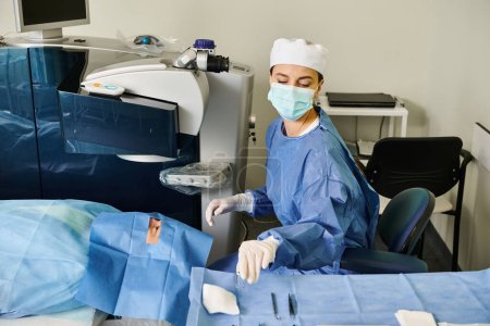 Eine Frau mit einer chirurgischen Maske in einem Krankenhauszimmer während eines medizinischen Eingriffs.