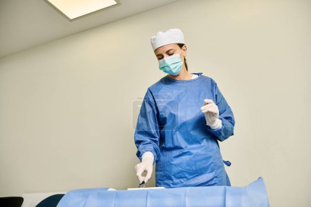 Une femme en robe chirurgicale près d'une civière bleue.