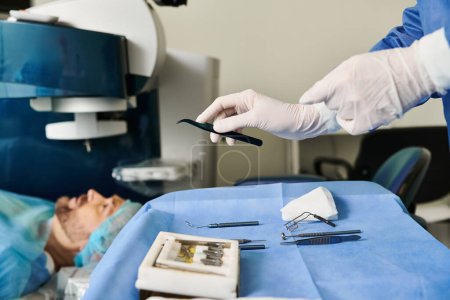 Eine Frau unterzieht sich einer Laser-Sehkorrektur in einem Krankenhauszimmer mit einem Gerät.