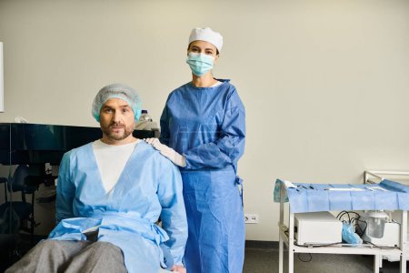 Téléchargez les photos : Une femme se tient dans une robe d'hôpital à côté de l'homme dans un lit d'hôpital. - en image libre de droit