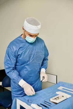 Téléchargez les photos : Un chirurgien en robe fait fonctionner une machine dans un cadre médical. - en image libre de droit