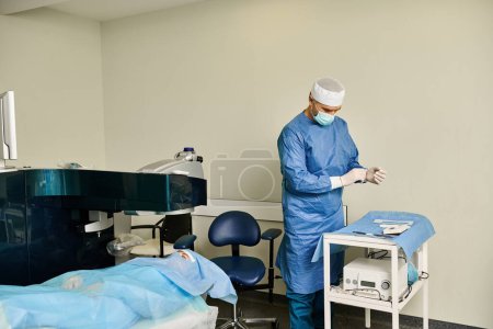 Foto de Un hombre con una bata quirúrgica está de pie con confianza en una habitación. - Imagen libre de derechos