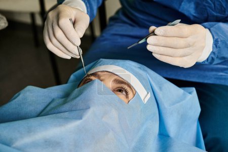 Woman in mask receiving injection at doctors office for laser vision correction.